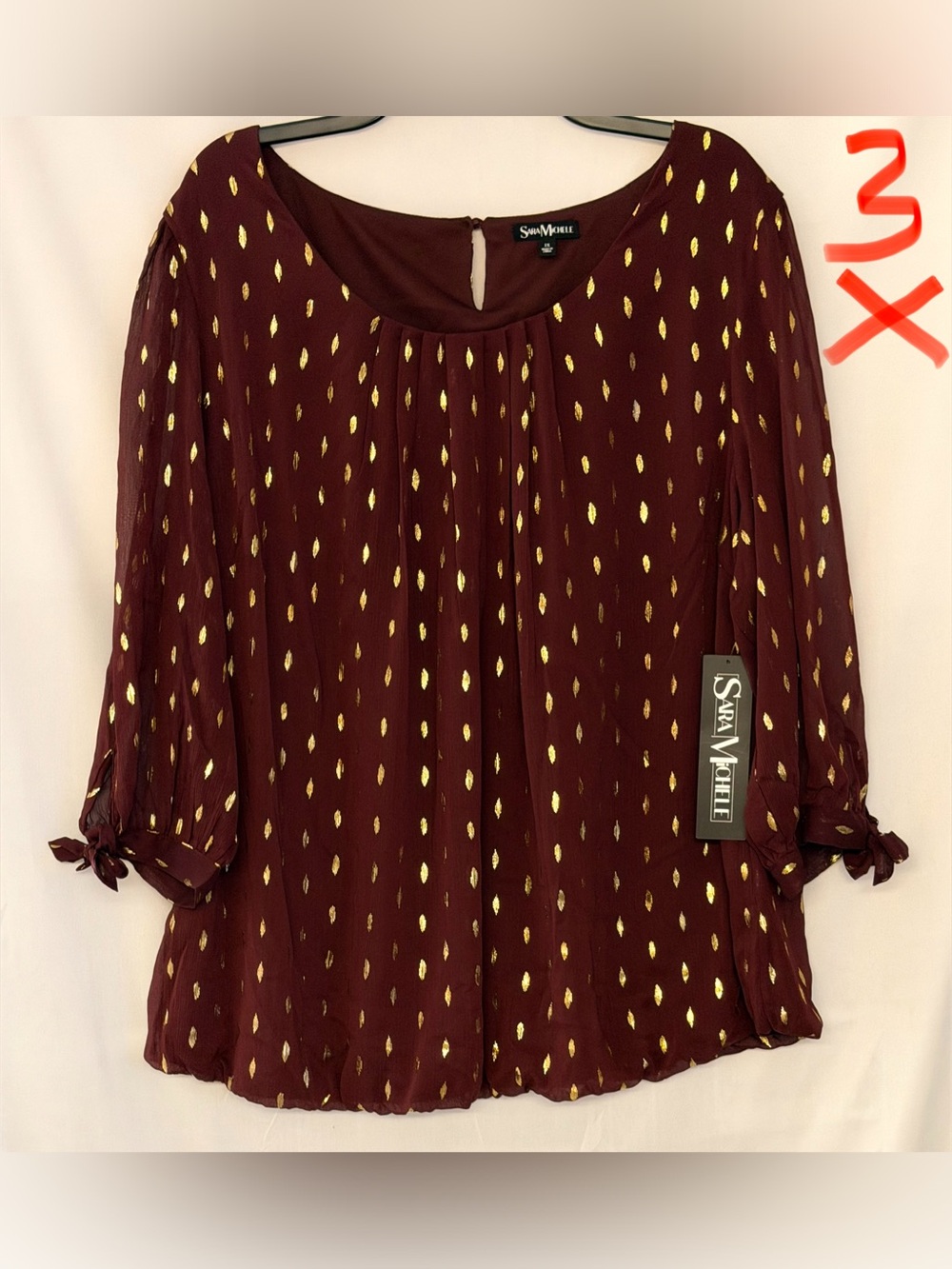 Sara Michelle Burgundy Blouse with Metallic Gold Teardrops